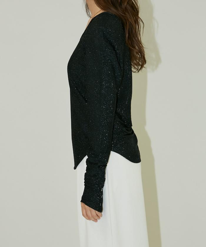 袖釦開口U領亮絲上衣