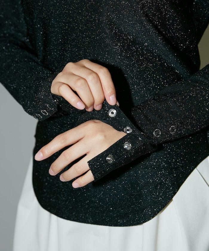 袖釦開口U領亮絲上衣