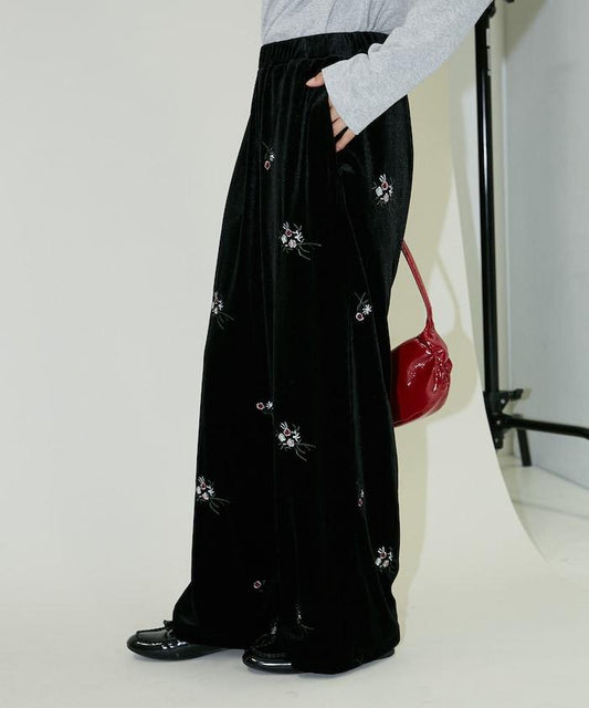 花卉刺繡天鵝絨休閒褲