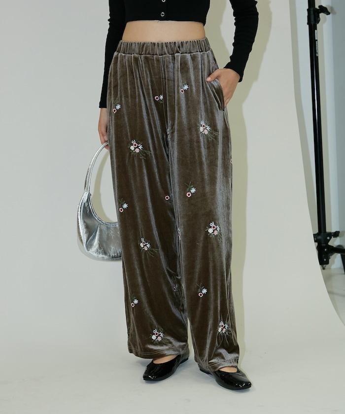 花卉刺繡天鵝絨休閒褲