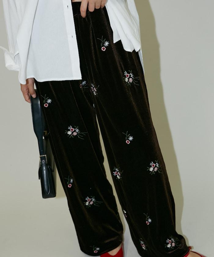 花卉刺繡天鵝絨休閒褲