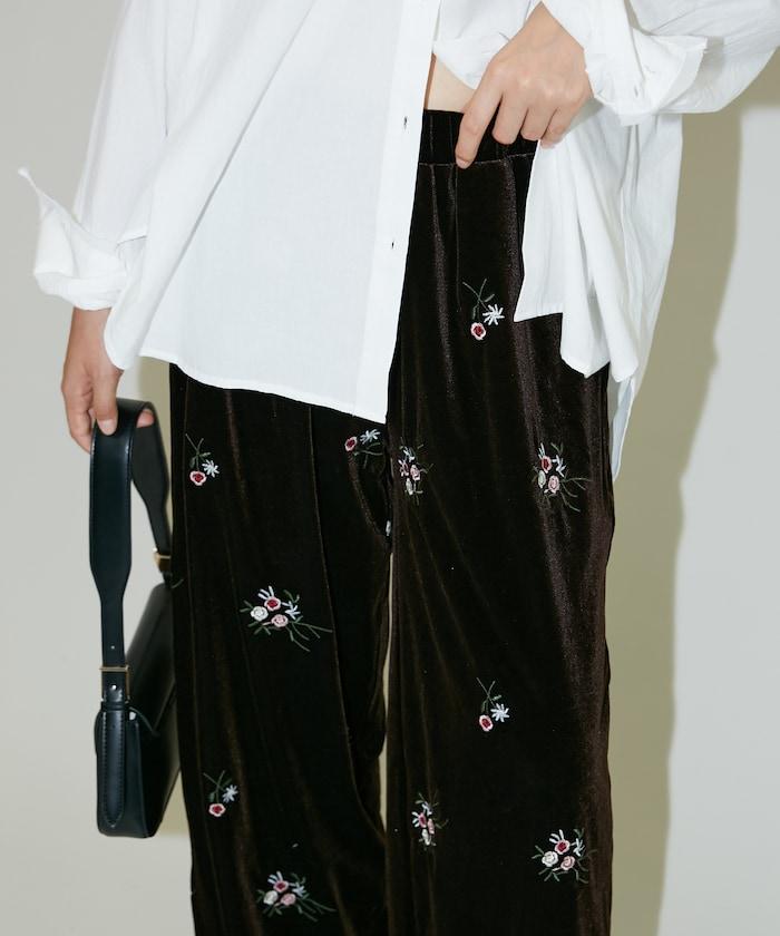 花卉刺繡天鵝絨休閒褲