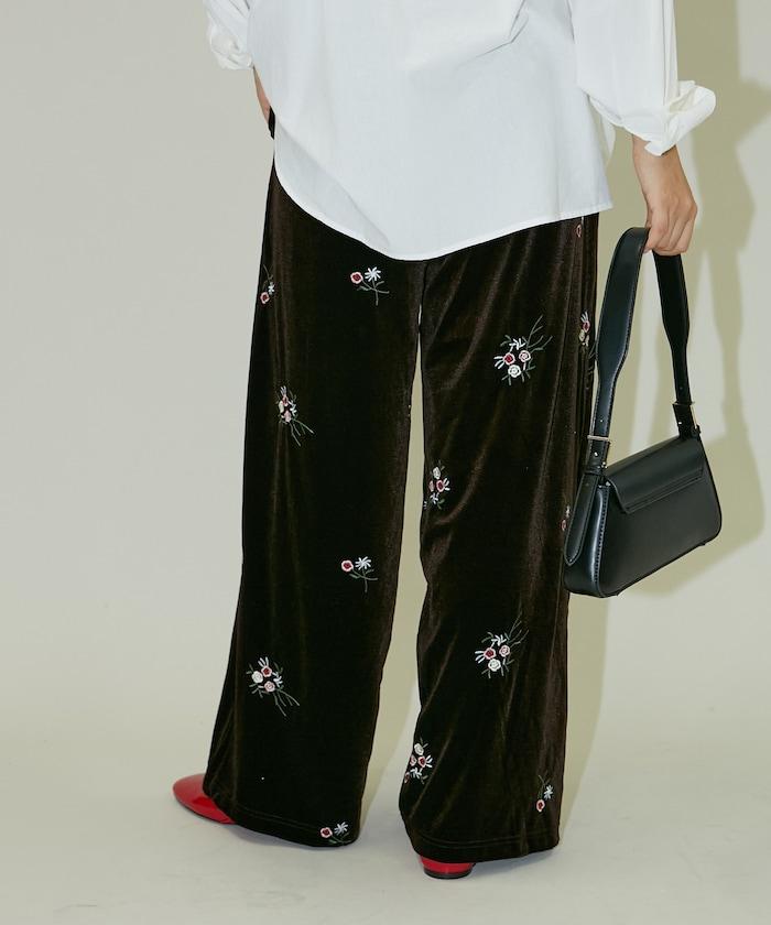 花卉刺繡天鵝絨休閒褲