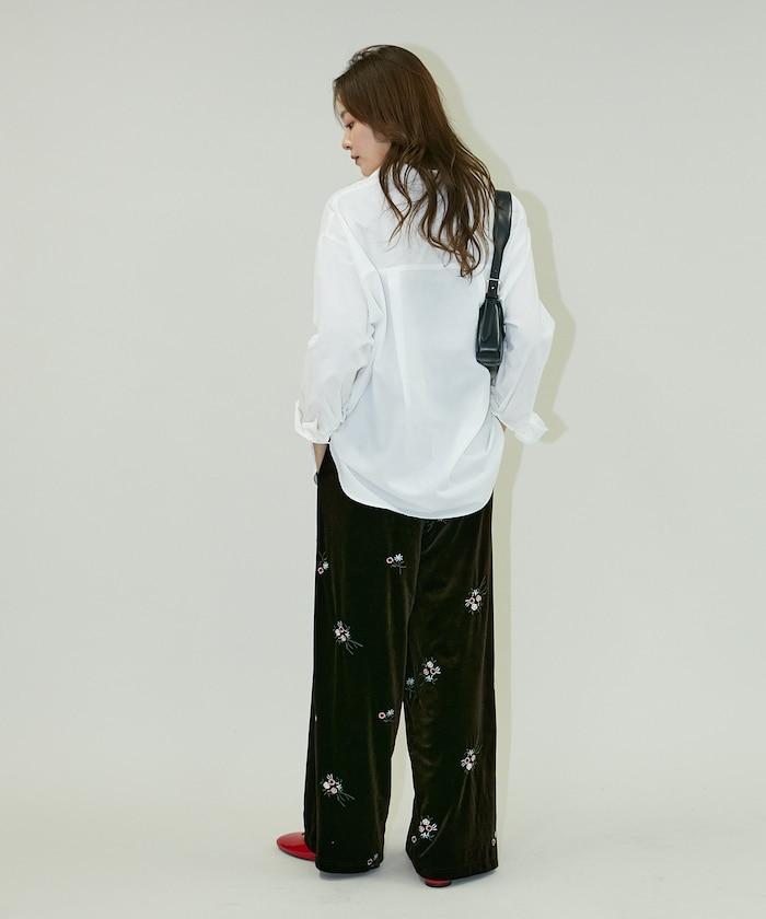 花卉刺繡天鵝絨休閒褲