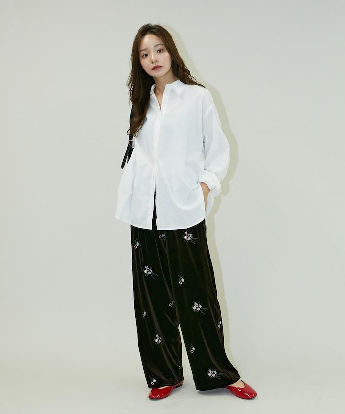 花卉刺繡天鵝絨休閒褲