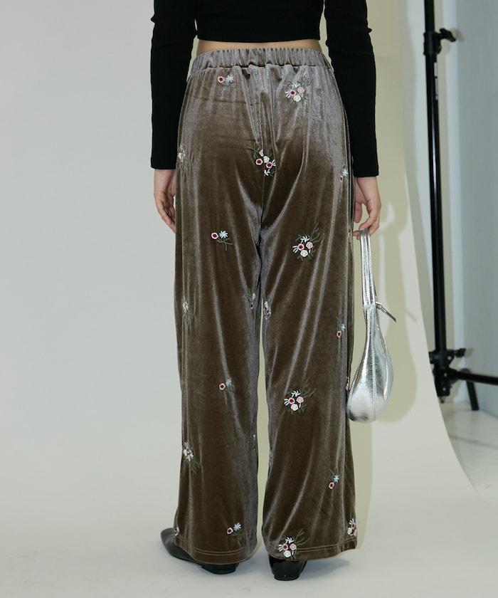 花卉刺繡天鵝絨休閒褲