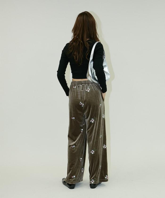 花卉刺繡天鵝絨休閒褲