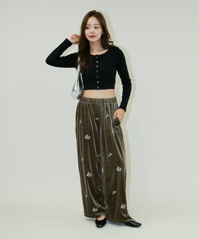 花卉刺繡天鵝絨休閒褲