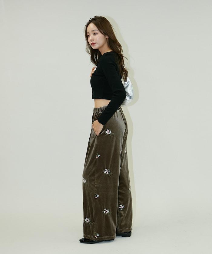 花卉刺繡天鵝絨休閒褲