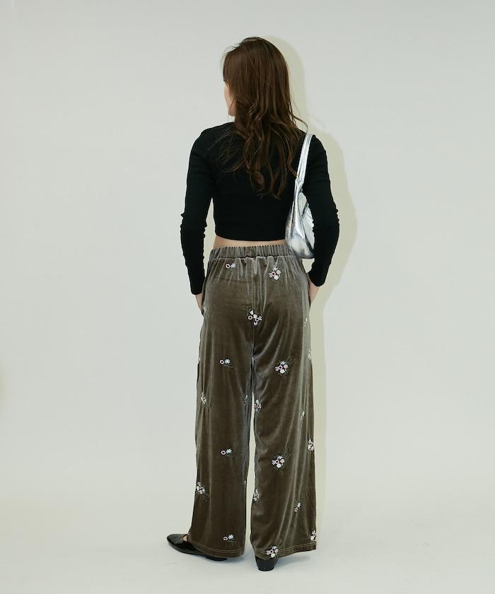 花卉刺繡天鵝絨休閒褲