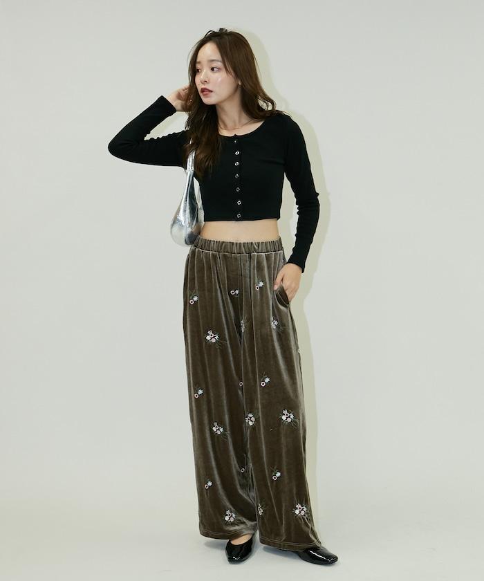 花卉刺繡天鵝絨休閒褲