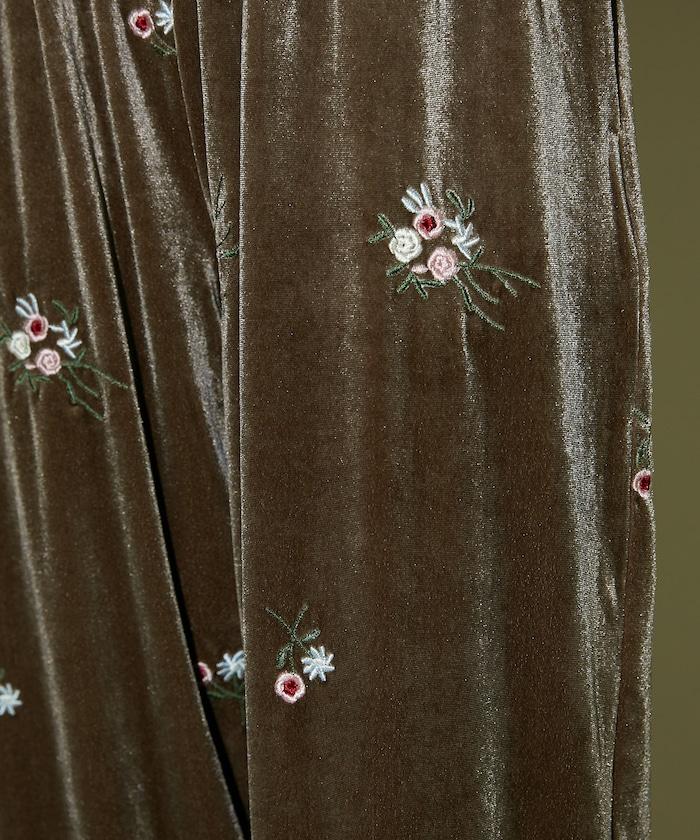 花卉刺繡天鵝絨休閒褲