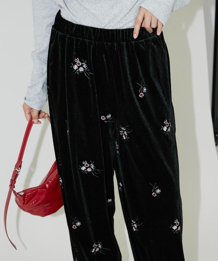 花卉刺繡天鵝絨休閒褲