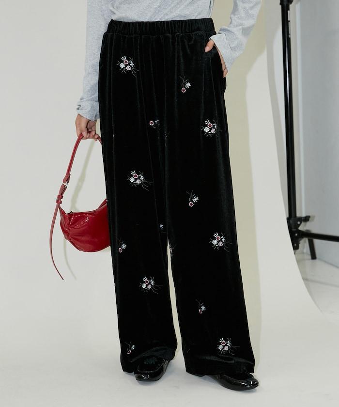 花卉刺繡天鵝絨休閒褲