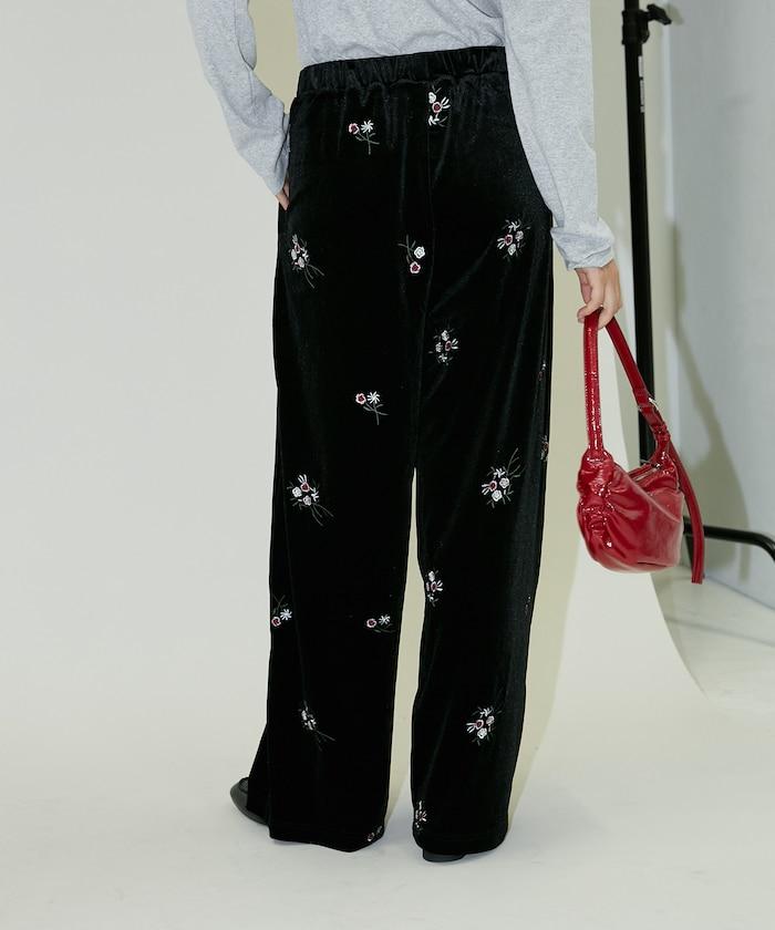 花卉刺繡天鵝絨休閒褲