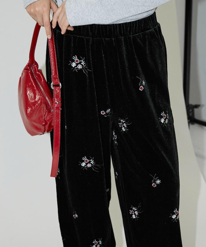 花卉刺繡天鵝絨休閒褲