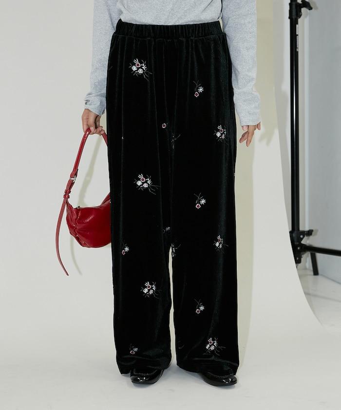 花卉刺繡天鵝絨休閒褲