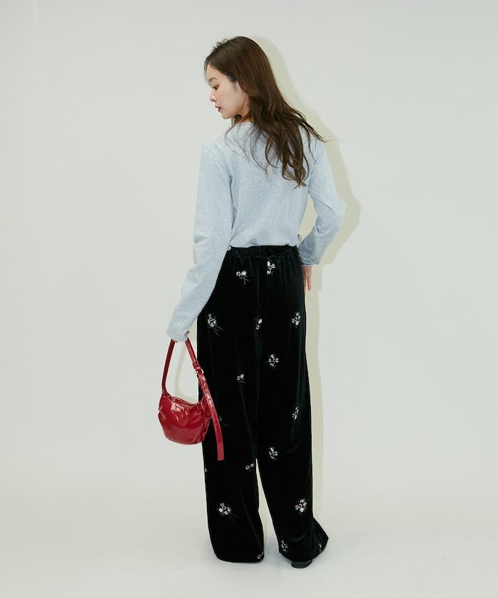 花卉刺繡天鵝絨休閒褲