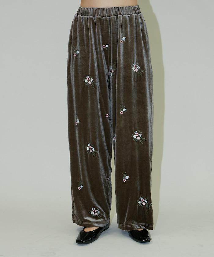 花卉刺繡天鵝絨休閒褲