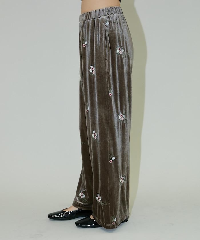 花卉刺繡天鵝絨休閒褲