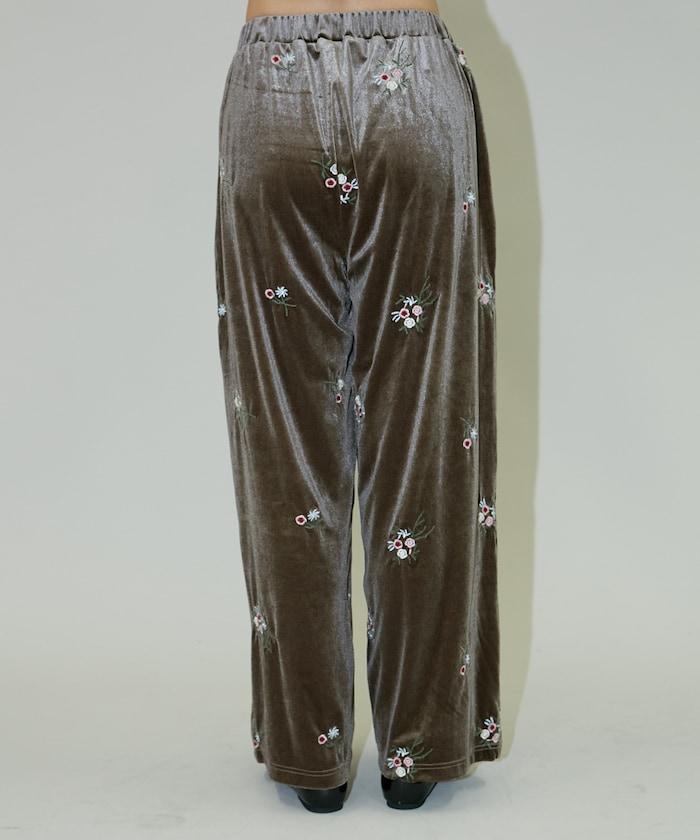 花卉刺繡天鵝絨休閒褲