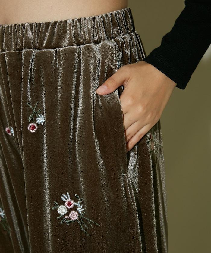 花卉刺繡天鵝絨休閒褲
