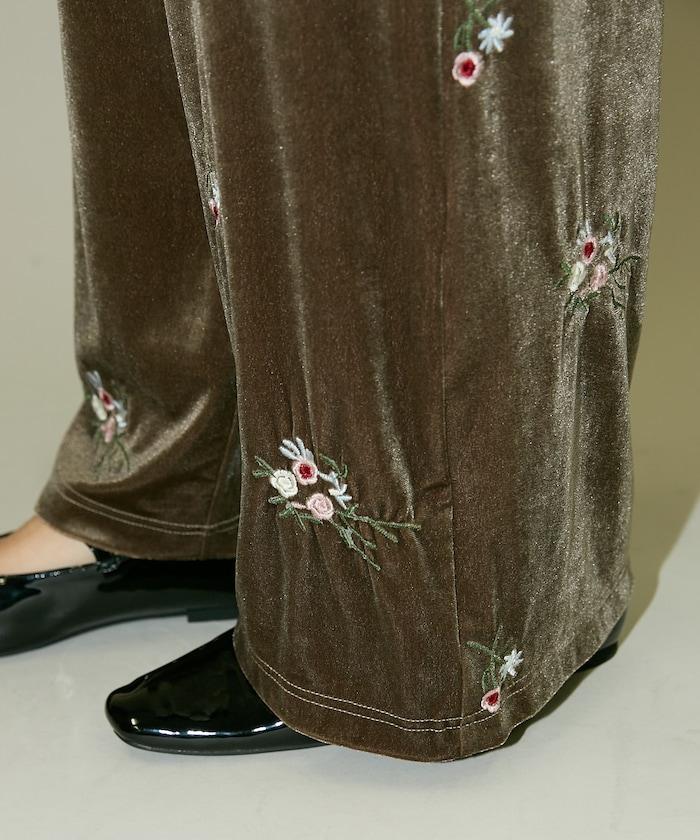 花卉刺繡天鵝絨休閒褲