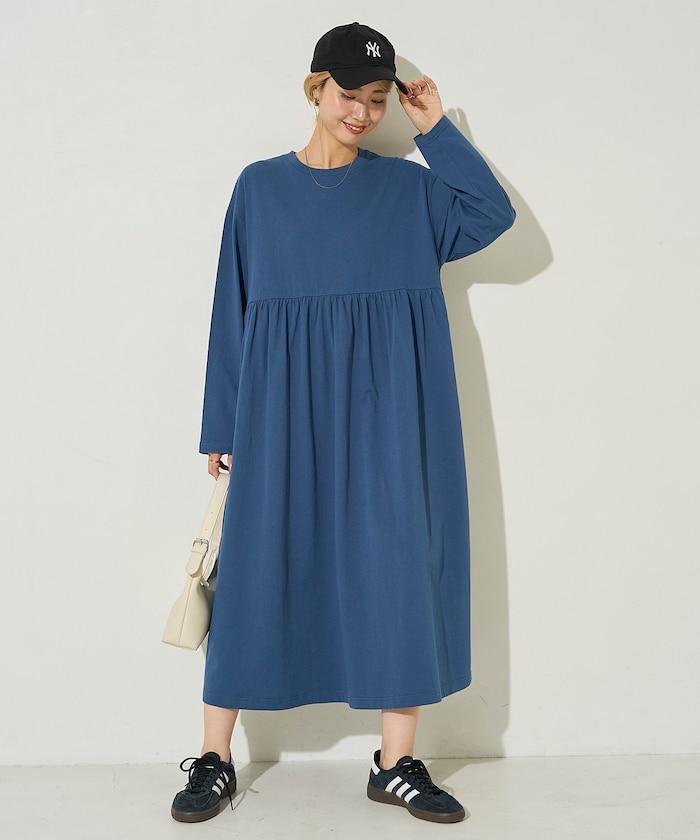 高腰褶皺拼接連衣裙