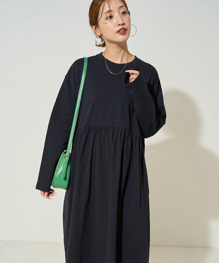 高腰褶皺拼接連衣裙