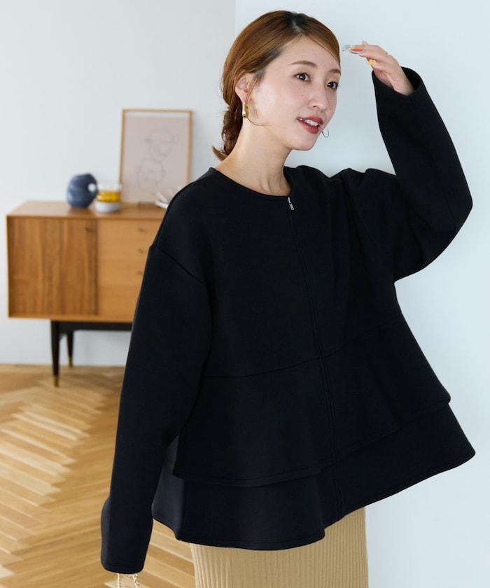 拼接喇叭袖拉鍊開衫