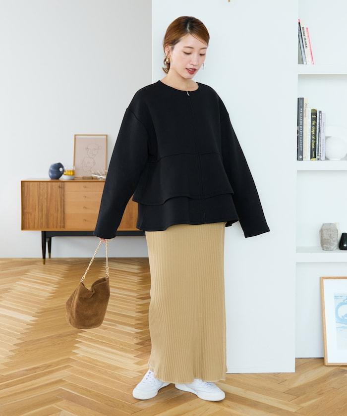 拼接喇叭袖拉鍊開衫