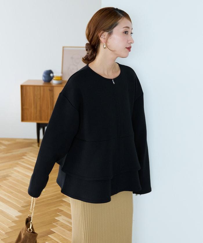 拼接喇叭袖拉鍊開衫