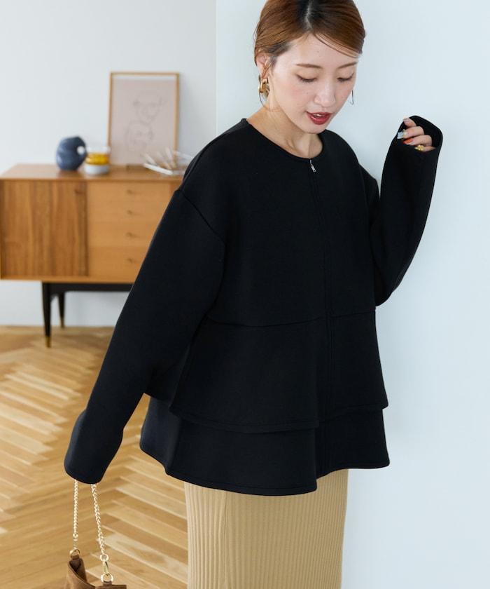 拼接喇叭袖拉鍊開衫