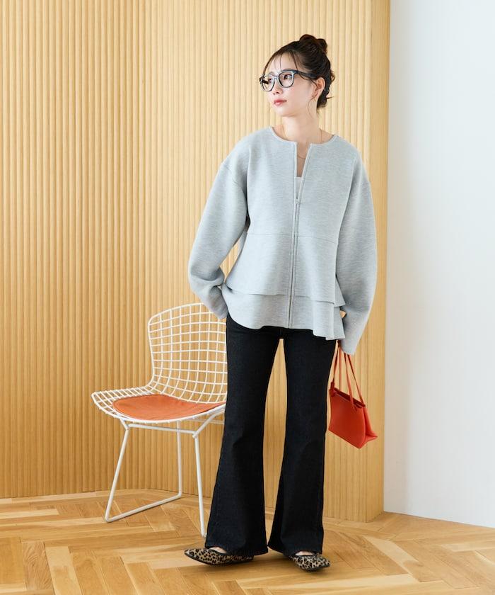 拼接喇叭袖拉鍊開衫