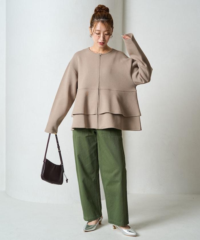 拼接喇叭袖拉鍊開衫