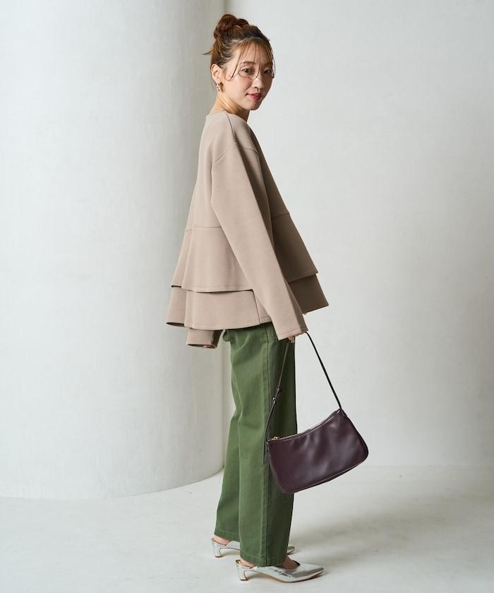 拼接喇叭袖拉鍊開衫