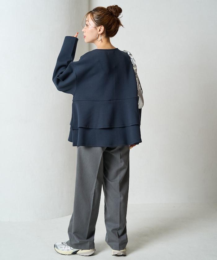 拼接喇叭袖拉鍊開衫