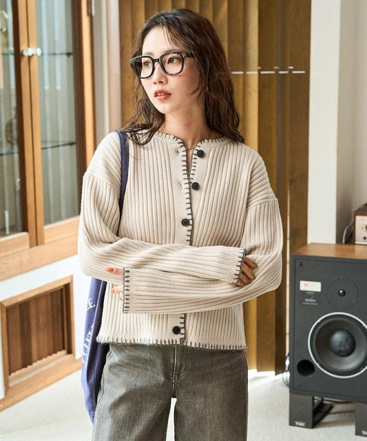 毛毯縫線針織短款開衫