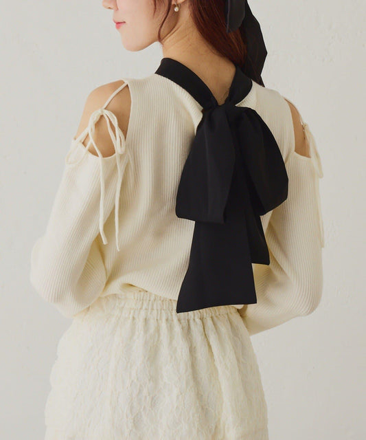 露肩拼色針織衫