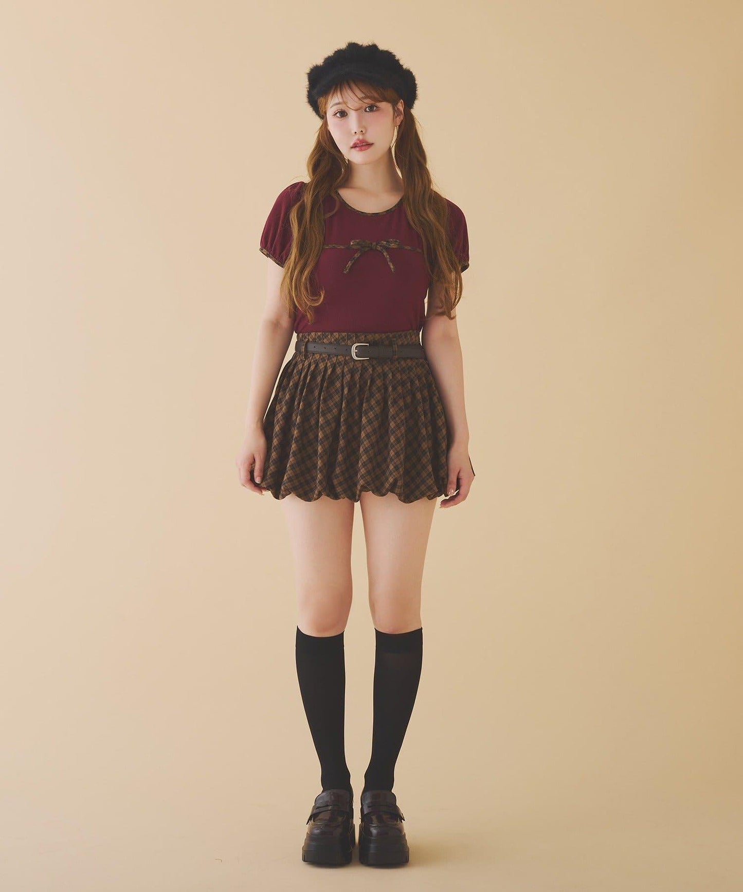 帶腰帶百褶泡泡迷你裙