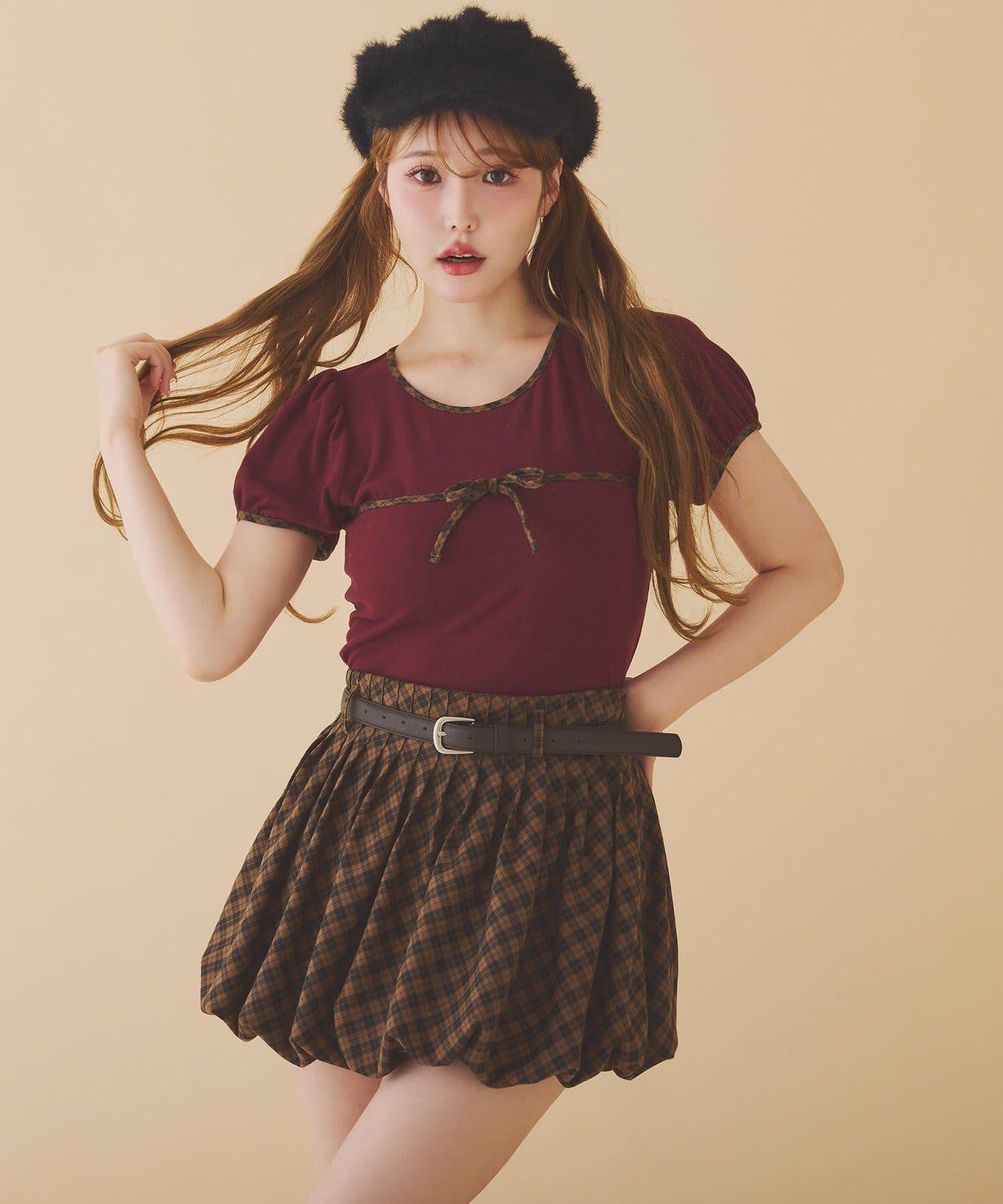 帶腰帶百褶泡泡迷你裙