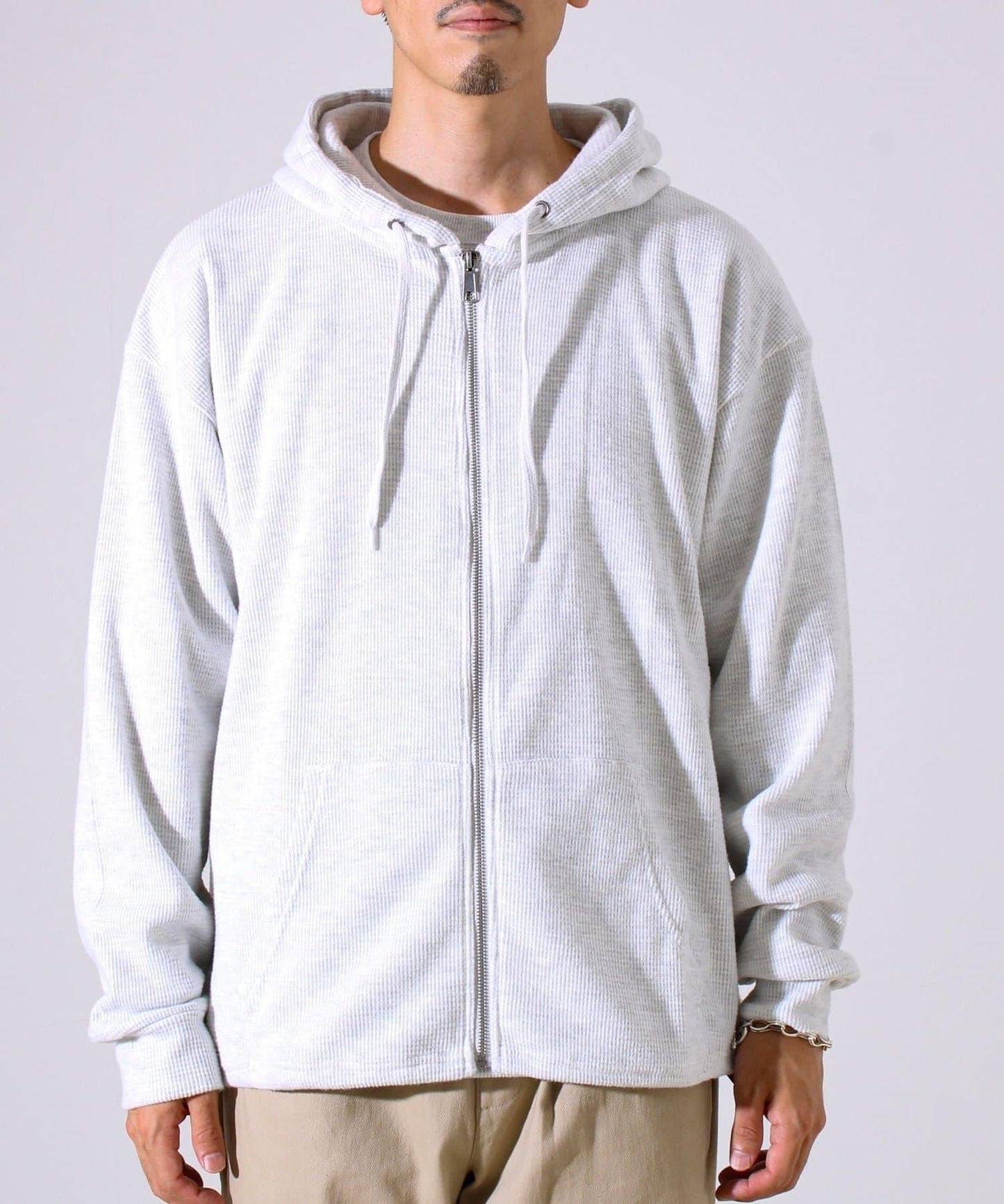 【適合疊穿】磨毛華夫格下襬抽繩拉鍊連帽衫