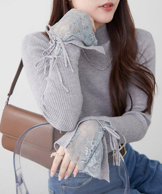 袖部蕾絲拼接蝴蝶結針織上衣