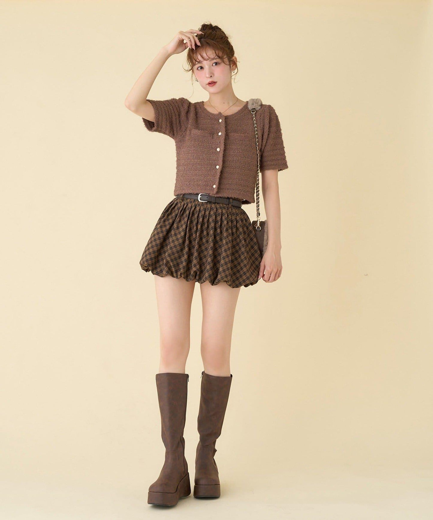 帶腰帶百褶泡泡迷你裙