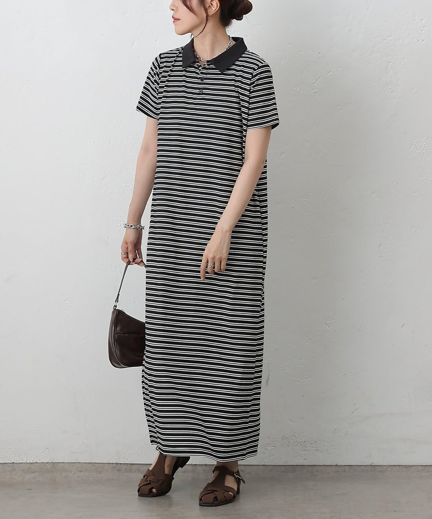 【AW】羅紋條紋翻領連衣裙