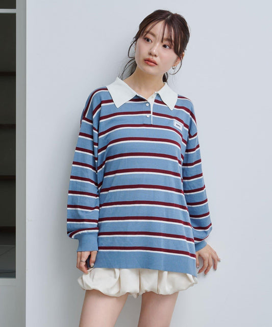 條紋橄欖球翻領針織衫