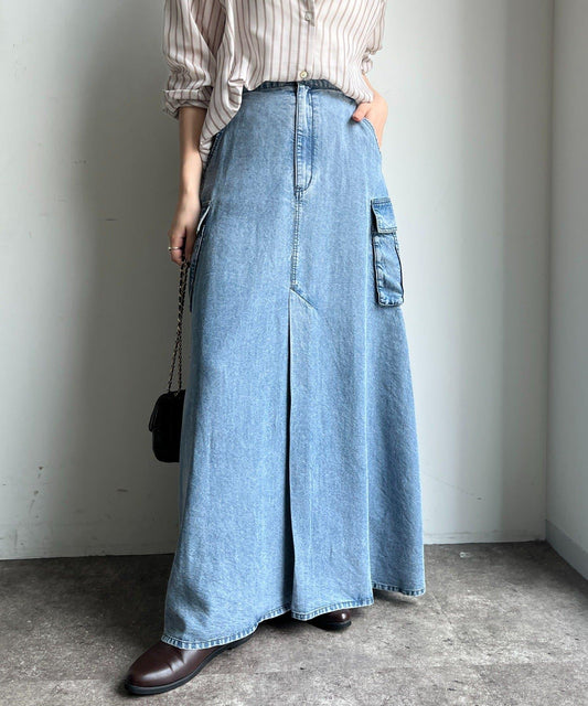 天絲牛仔工裝半身裙