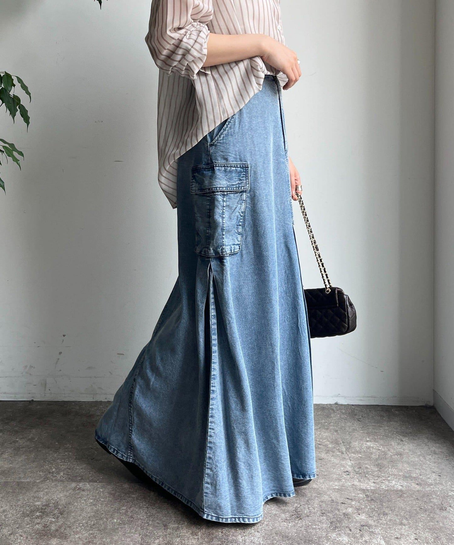 天絲牛仔工裝半身裙