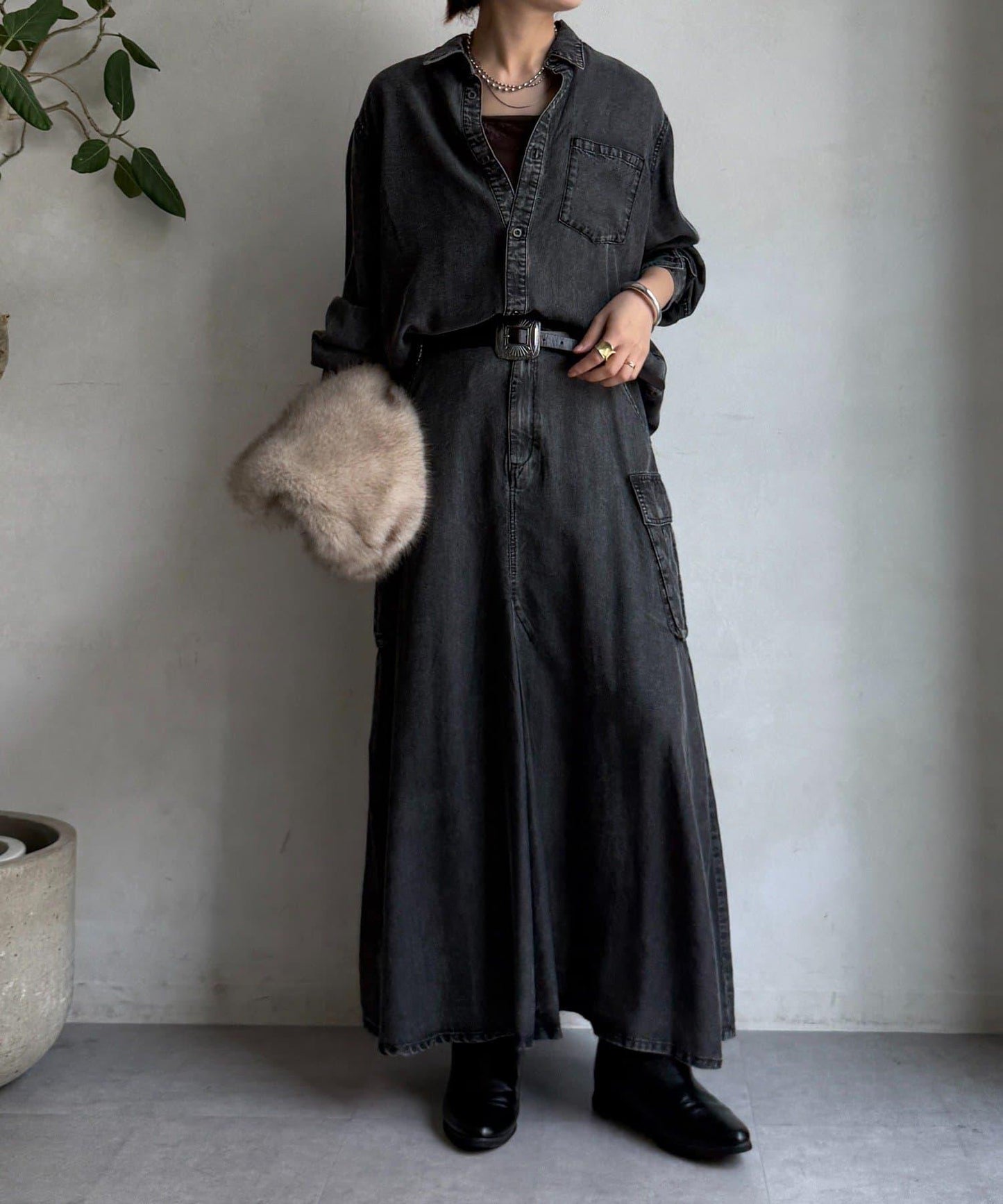 天絲牛仔工裝半身裙