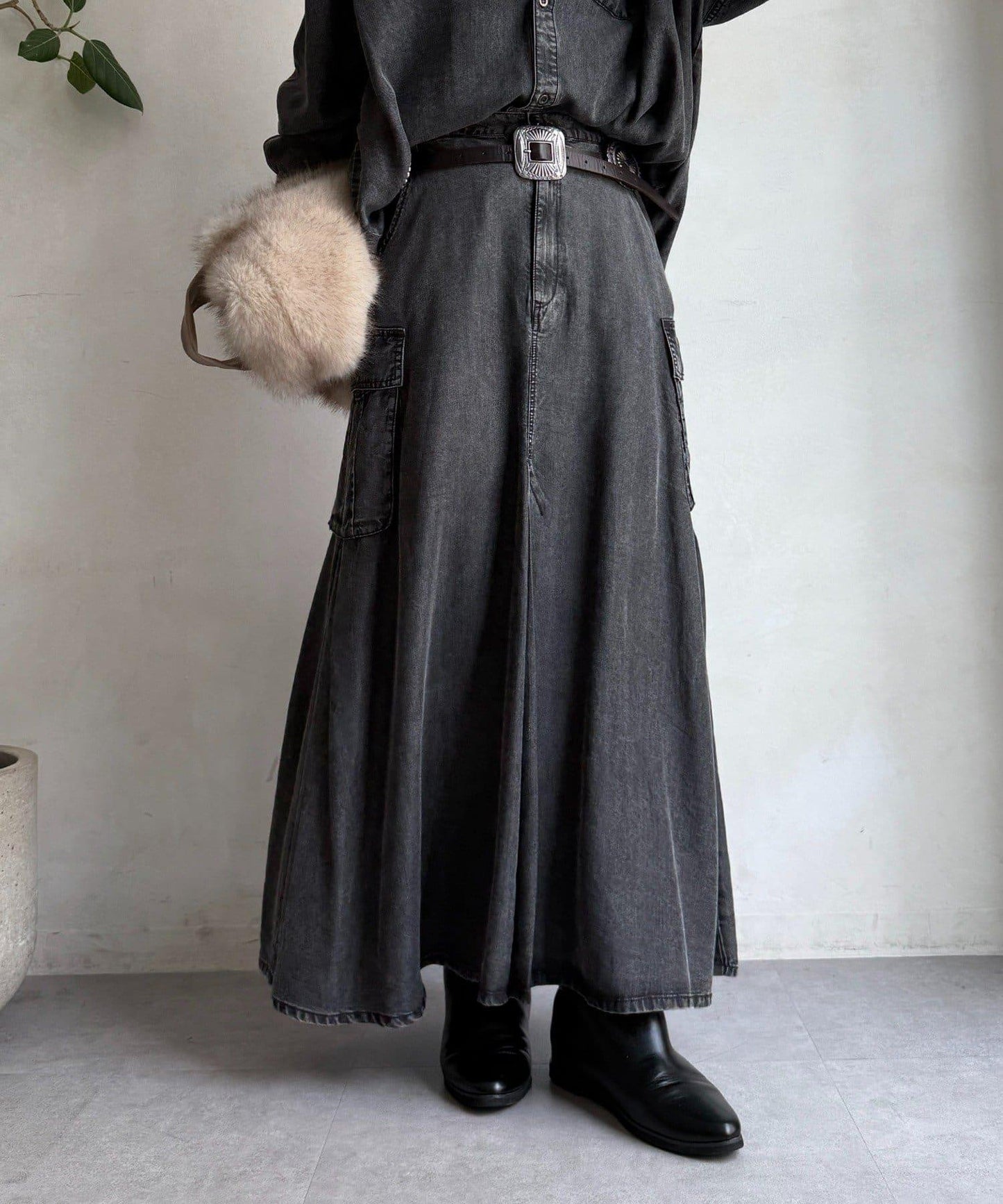 天絲牛仔工裝半身裙